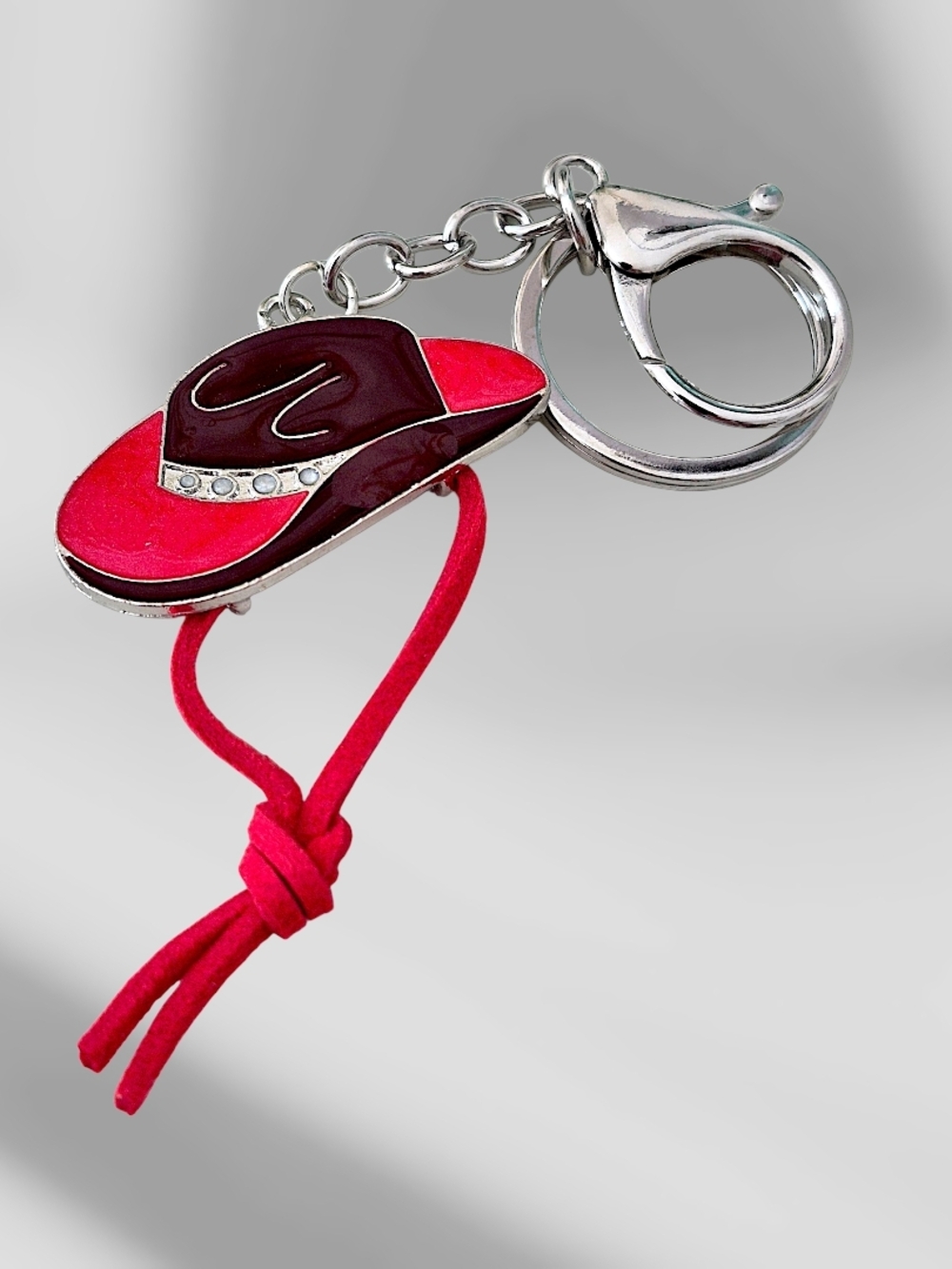 Western Cowboy Hat Bag Charm / Keychain with Red Suede Tassel